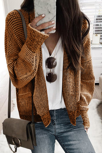 Brown Chunky Waffle Knit Oversized Collar Cardigan eAura