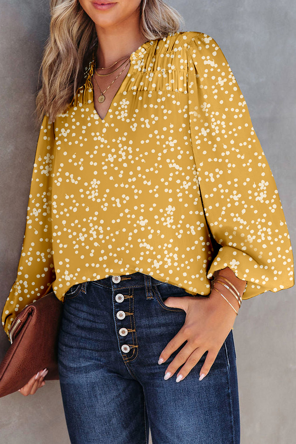 Pink Split Neck Fall Printed Crinkled Blouse eAura