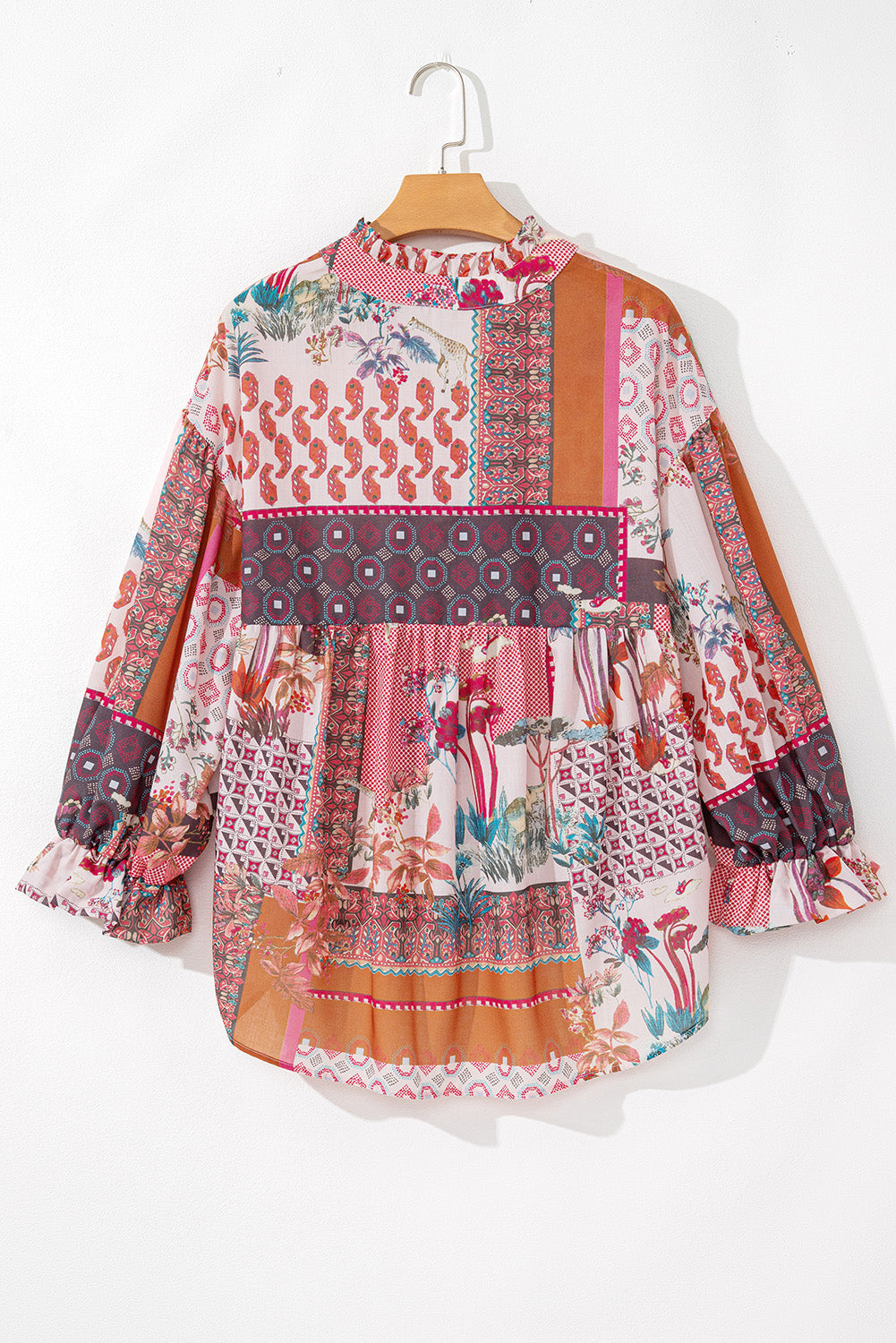 Red Boho Geometric Mixed Print Patchwork Bubble Sleeve Shirt eAura