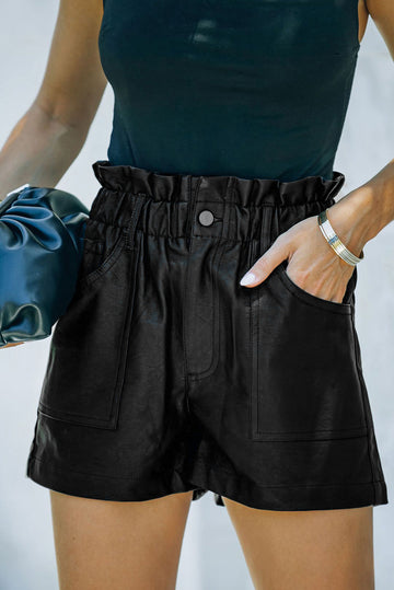 Black Faux Leather Paper Bag Waist High Rise Shorts eAura