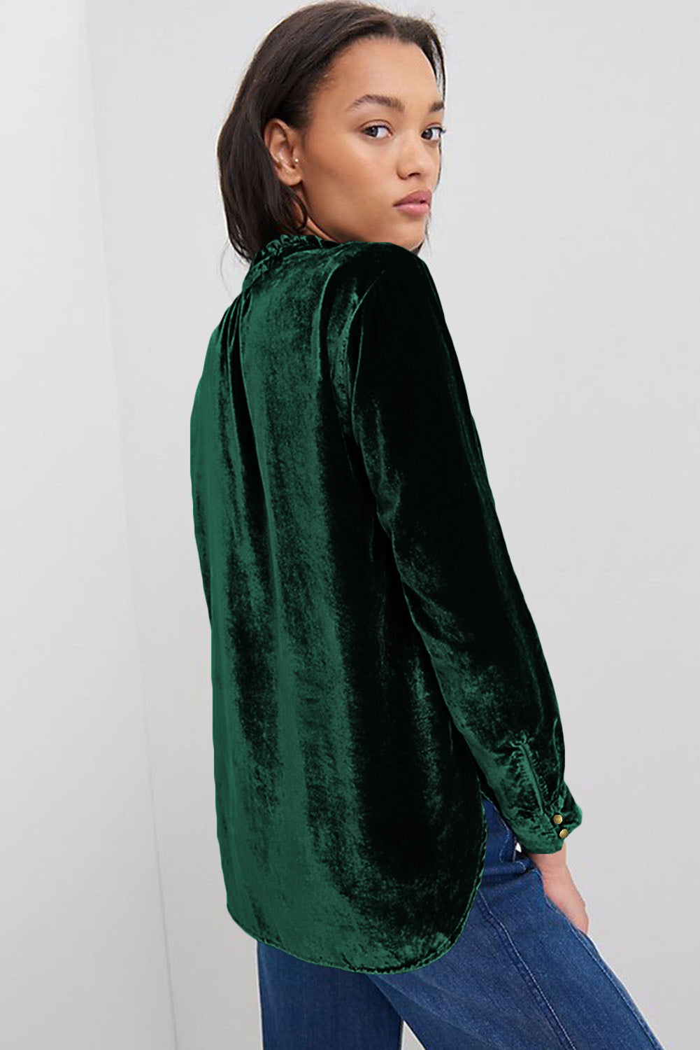 Burgundy Frilled Neck Buttoned Front Velvet Top eAura