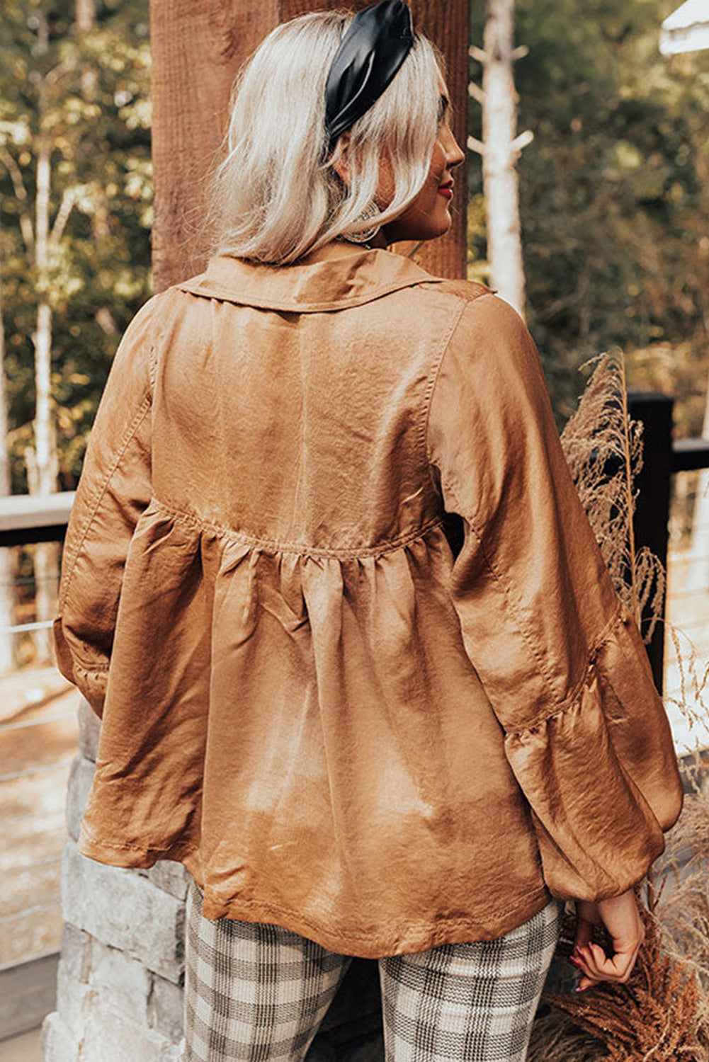 Brown Puff Sleeve Collared Pleated Babydoll Blouse eAura