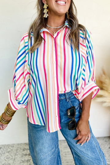 Pink Stripe 3/4 Sleeve Button Up Casual Shirt eAura