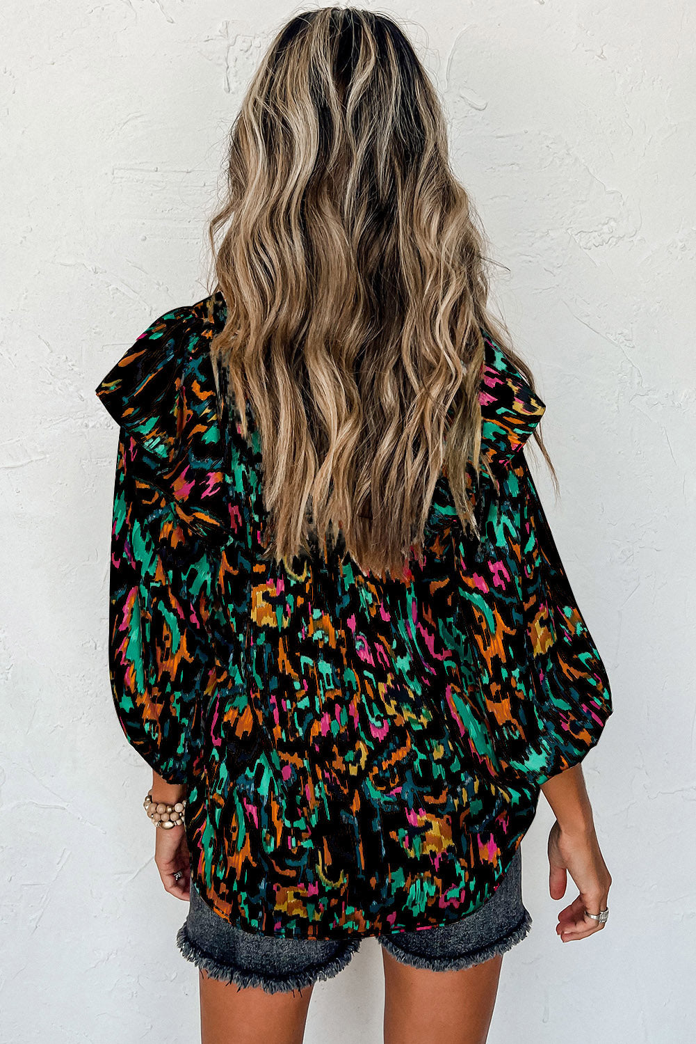 MultiColour Abstract Print 3/4 Puff Sleeve Ruffle Blouse eAura