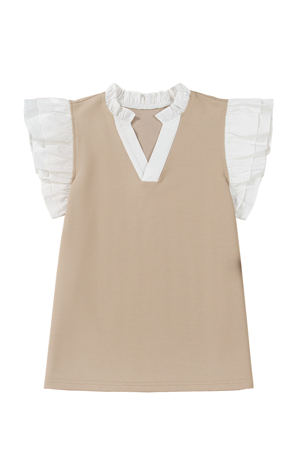 Pale Khaki Contrast V Neck Ruffled Textured Knit Top eAura