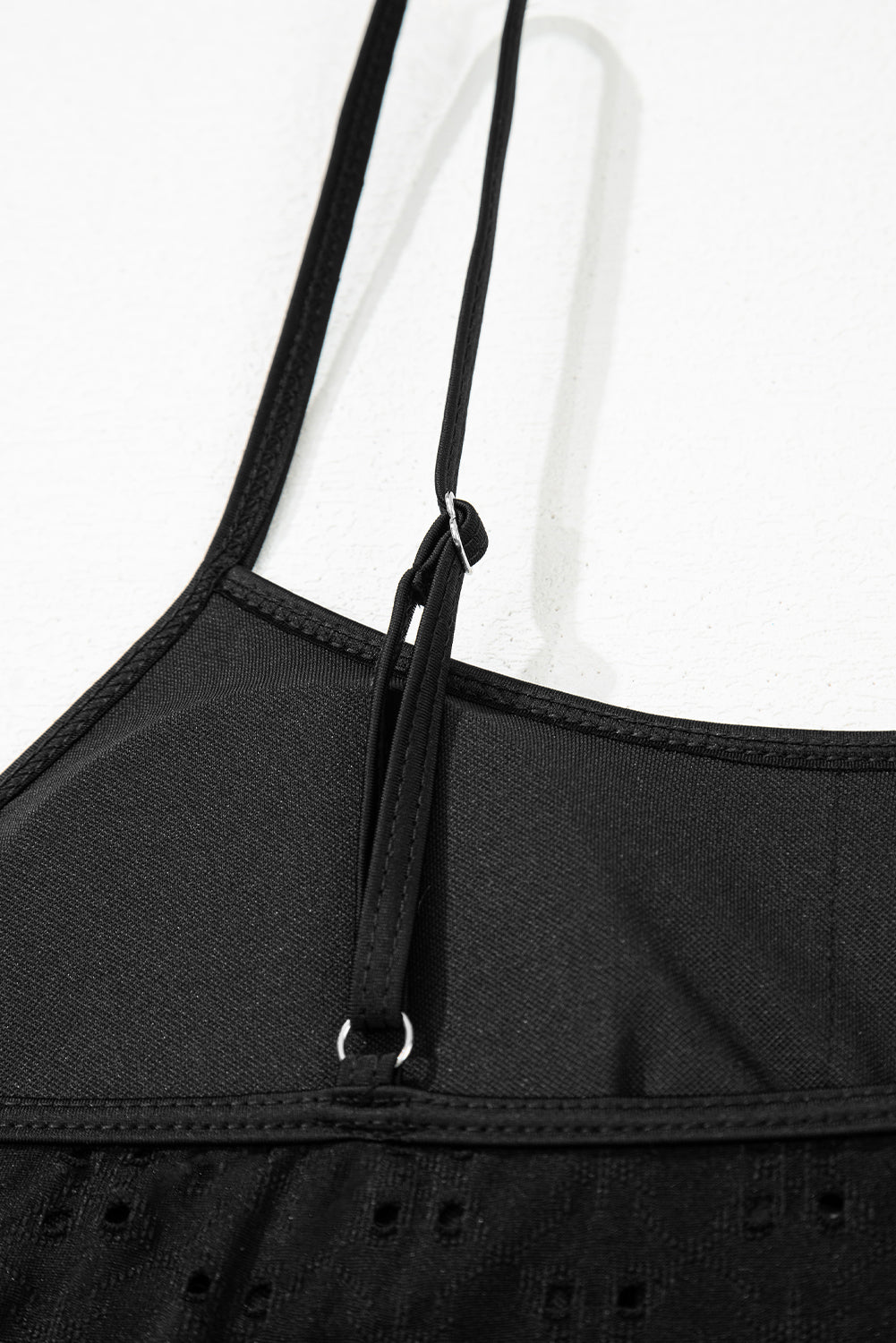 Black Eyelet Pattern Knotted Ruffle Trim 3pcs Bikini Set eAura