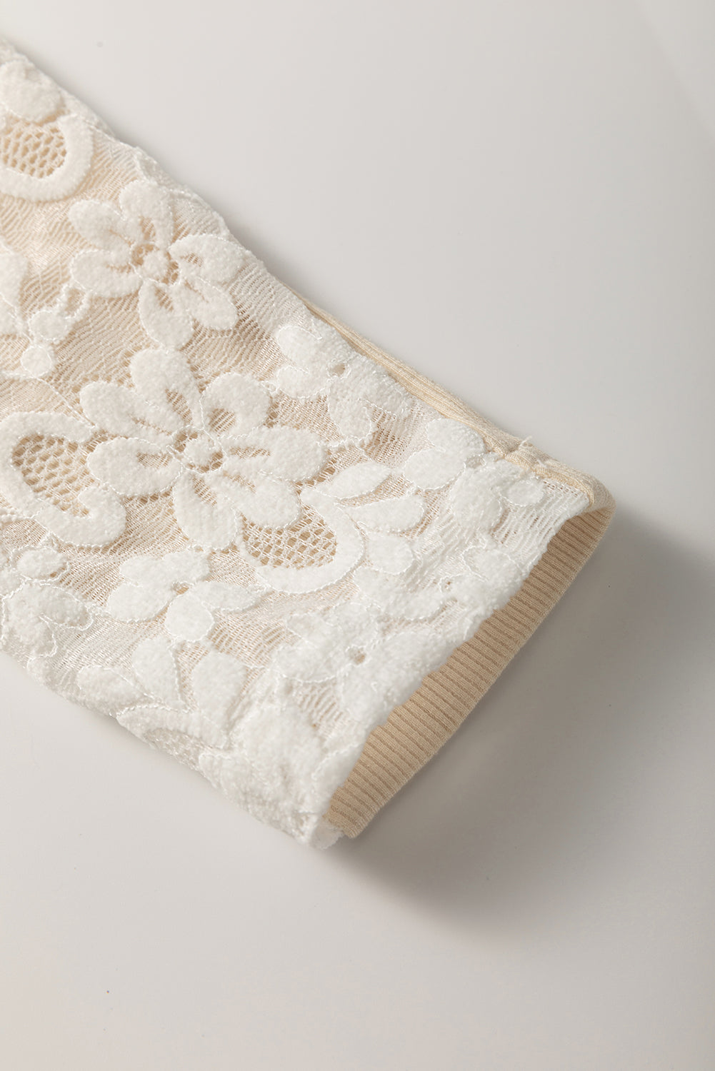Beige Floral Lace Patchwork Long Sleeve High Neck Slim Top eAura