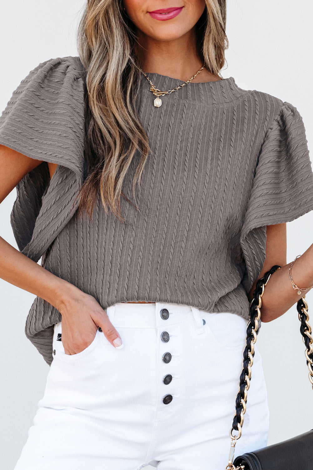 Sleet Solid Colour Textured Flutter Sleeve Top eAura
