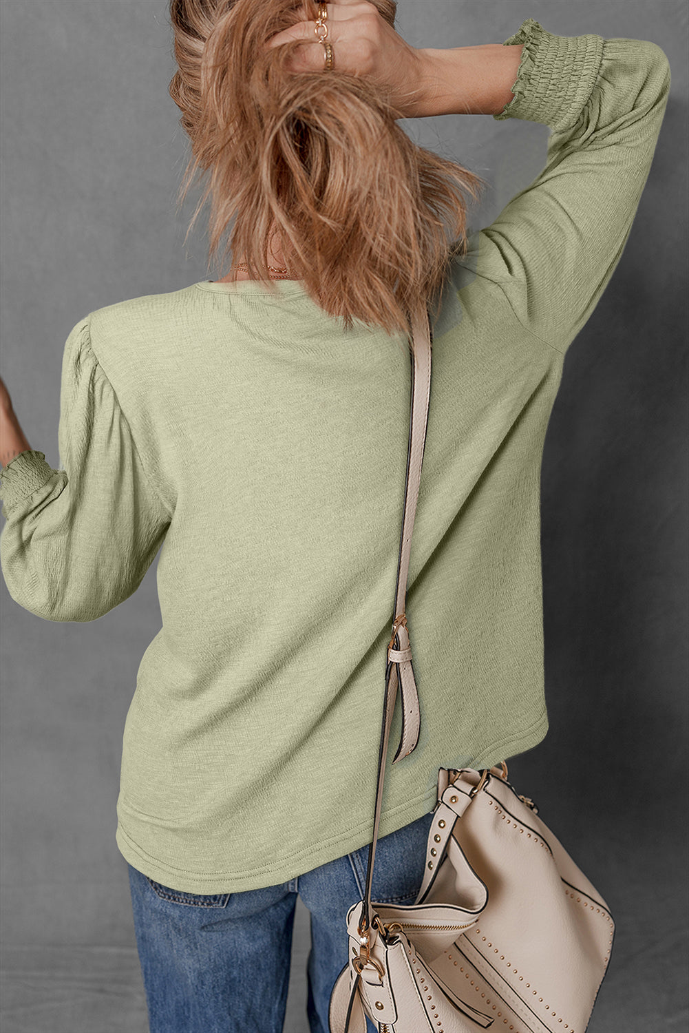 Laurel Green Textured Round Neck Half Sleeve Blouse eAura