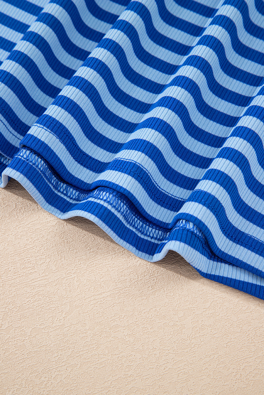 Blue Stripe Ribbed Cap Sleeve Round Neck T-Shirt eAura