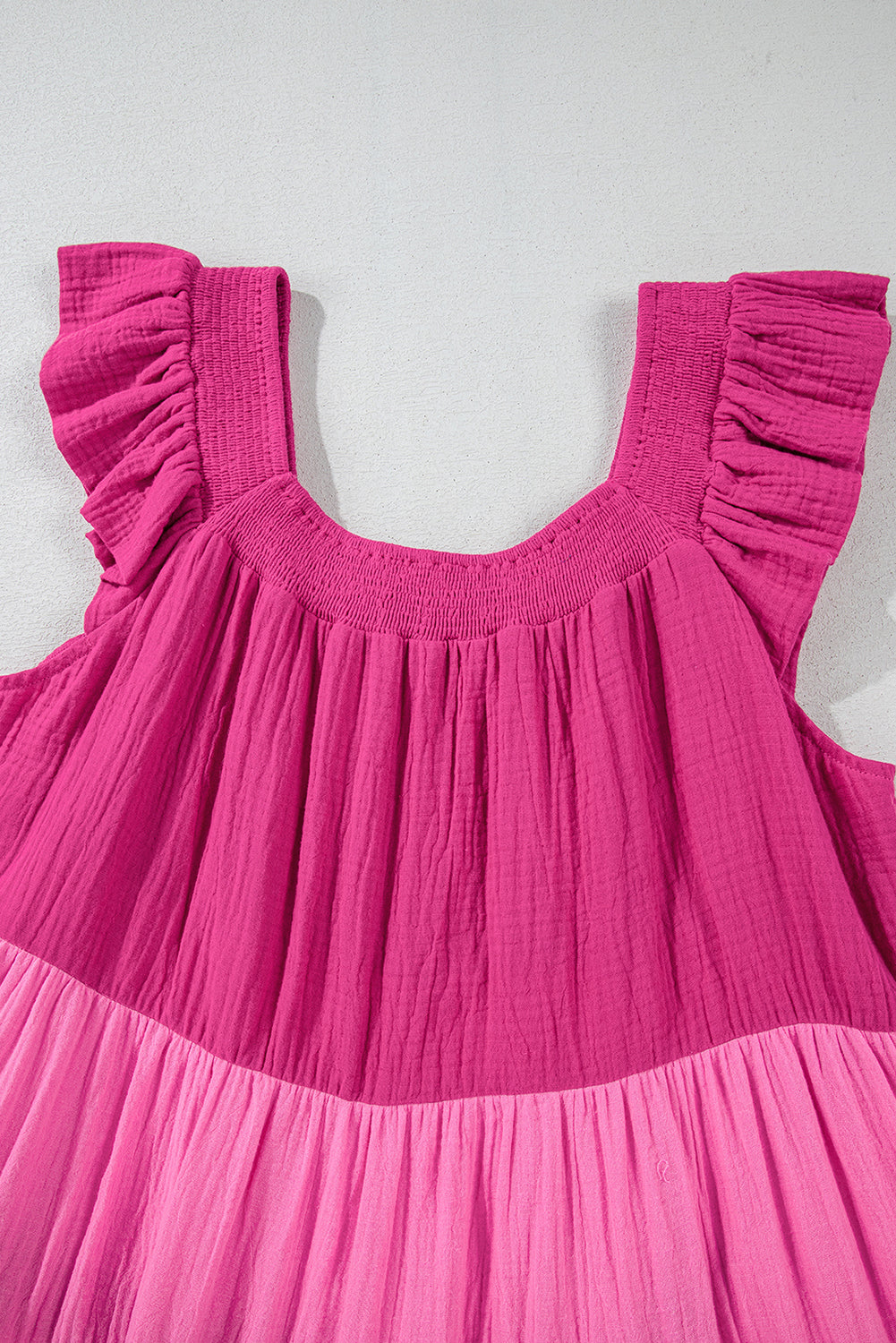 Pink Crinkled Colourblock Patchwork Flutter Tiered Mini Dress eAura