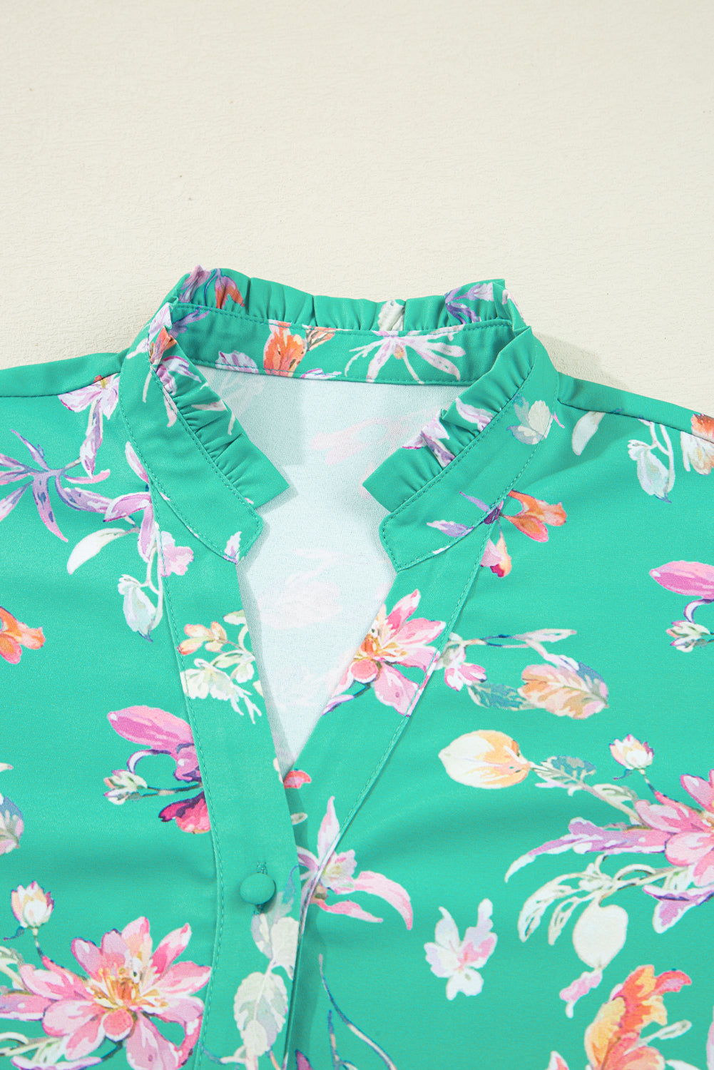 Green Floral Lantern Sleeve Button Front Shirt eAura