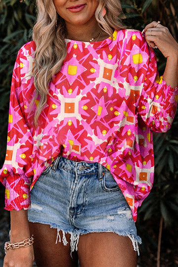 Strawberry Pink Geometric Print Shirred Cuff 3/4 Sleeve Loose Blouse eAura