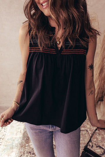 Black Shirred Yoke Notched V-Neck Tank Top eAura