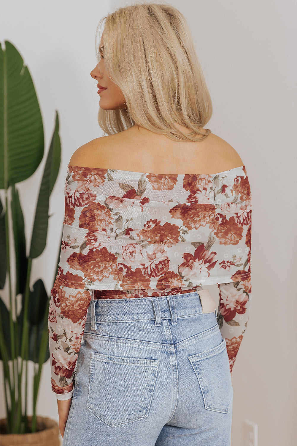 Pink Floral Printed Long Sleeve Sheath Bodysuit eAura