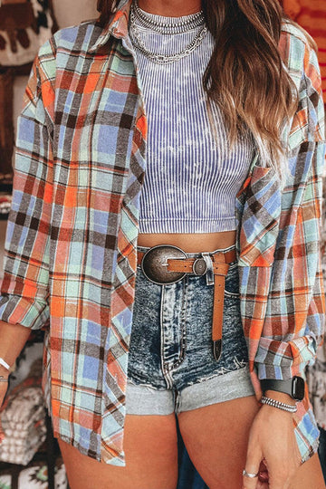 Orange Plus Size Plaid Print Buttoned Shirt Beagle Boutique Fashion Outlet