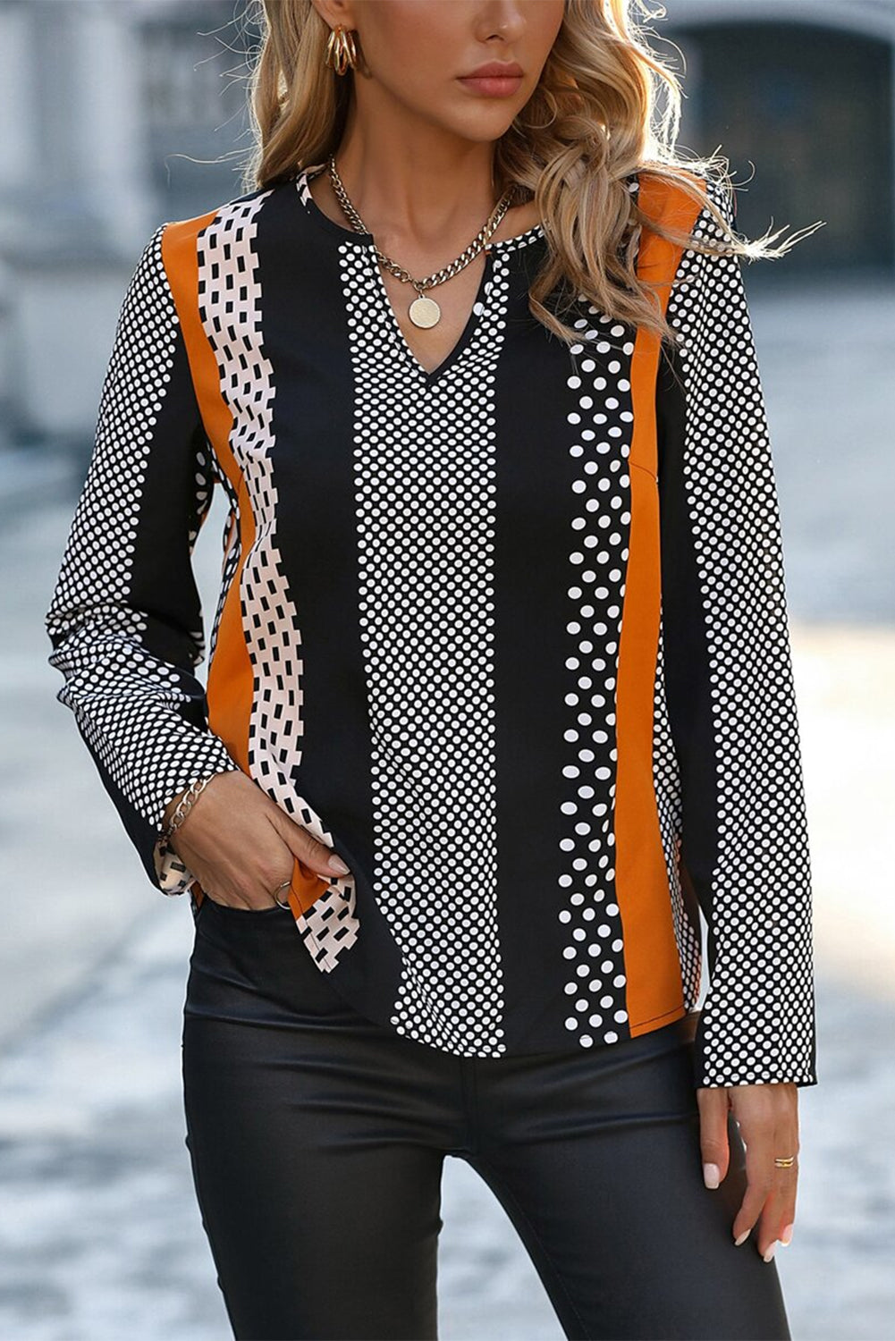 Orange Geo Print Colourblock Notched V Neck Blouse eAura