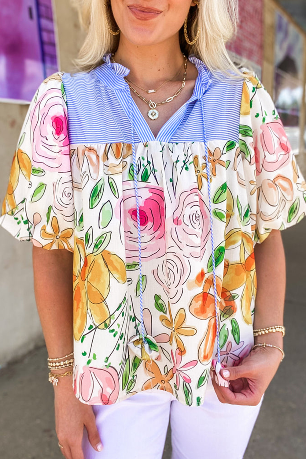 Multicolour Floral Print Striped Yoke Frilled V Neck Puff Short Sleeve Blouse eAura