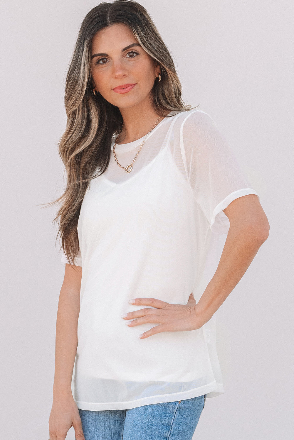 White Solid Colour Sheer Mesh Patchwork Short Sleeve Top eAura