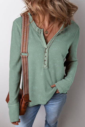 Smoke Green Acid Wash Waffle Knit Buttoned Neckline Long Sleeve Top Beagle Boutique Fashion Outlet