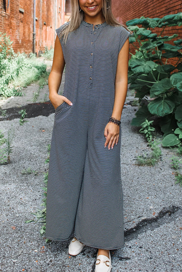 Black white Striped Print Buttoned Wide Leg Sleeveless Jumpsuit eAura