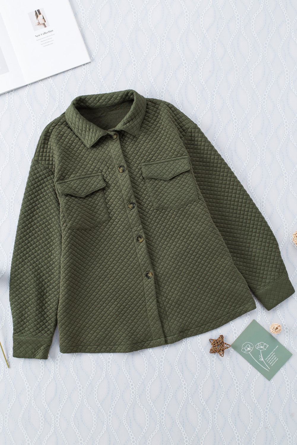 Green Retro Quilted Flap Pocket Button Shacket eAura