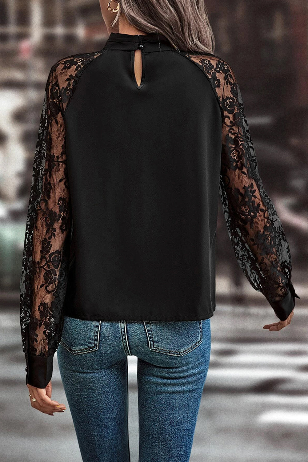 Black Keyhole Neckline Floral Lace Raglan Sleeve Blouse eAura