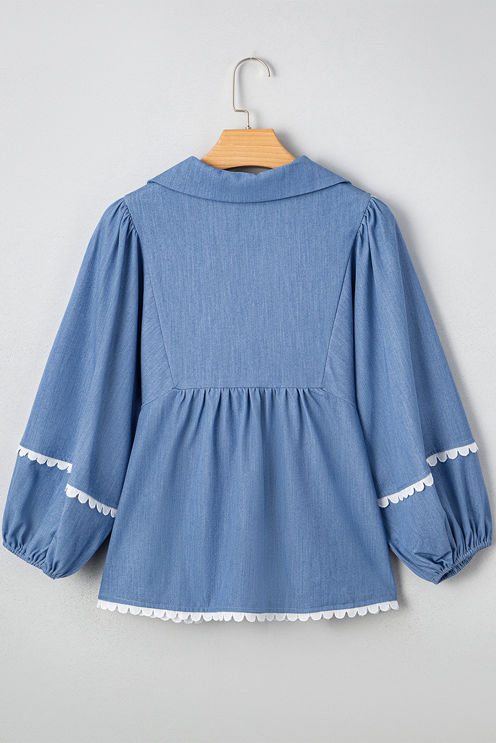 Dusk Blue Lace Ric Rac 3/4 Puff Sleeve Collared Babydoll Blouse eAura