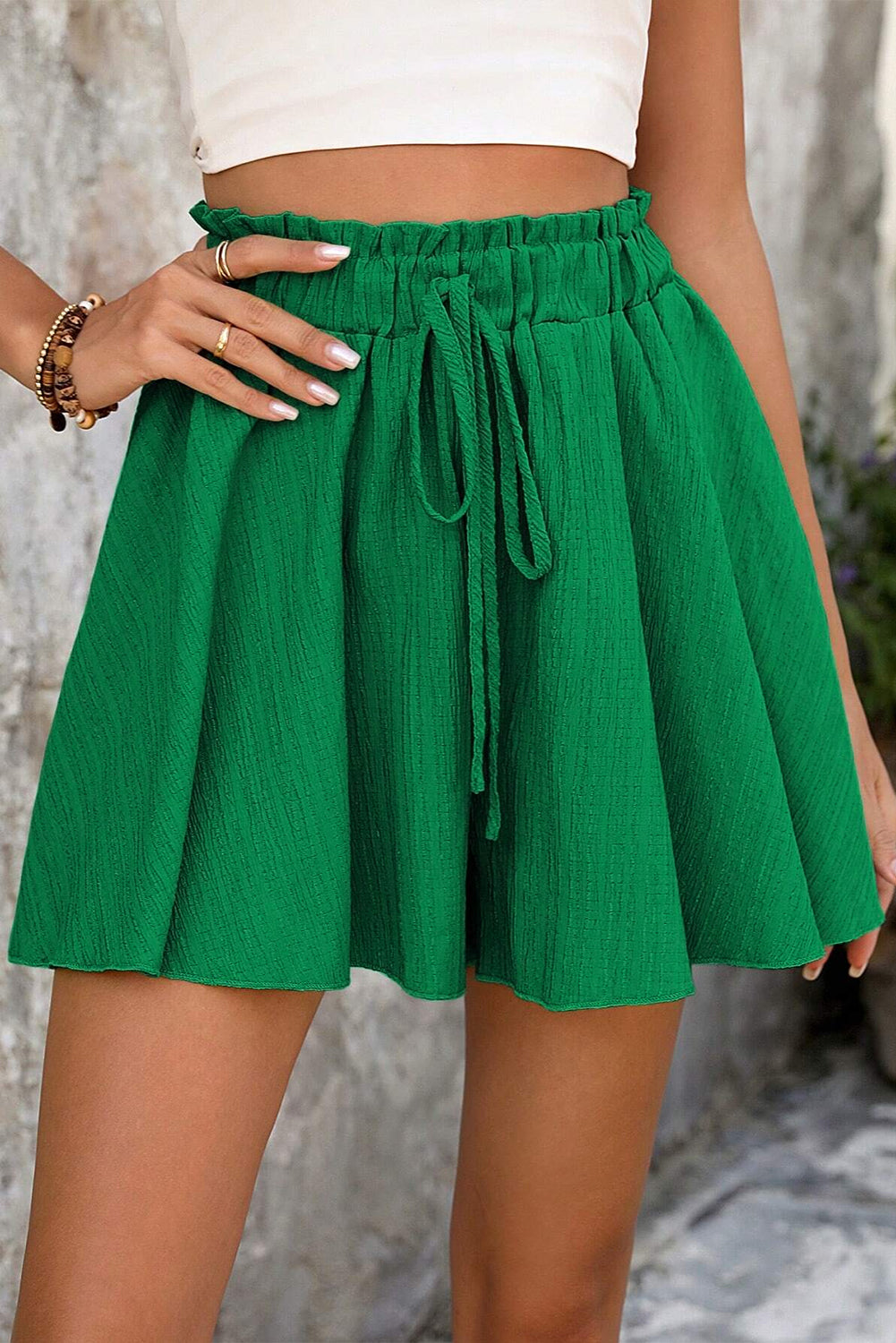 Dark Green Textured Frilled Lace-up High Waist Ruffle Wide Leg Shorts eAura
