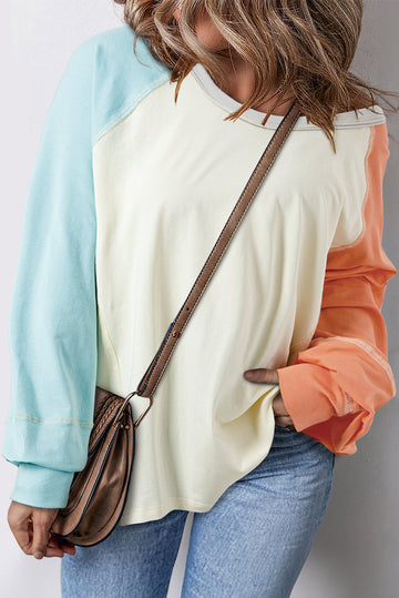 Yellow Cream Colourblock Patchwork Crew Neck Long Sleeve Top eAura