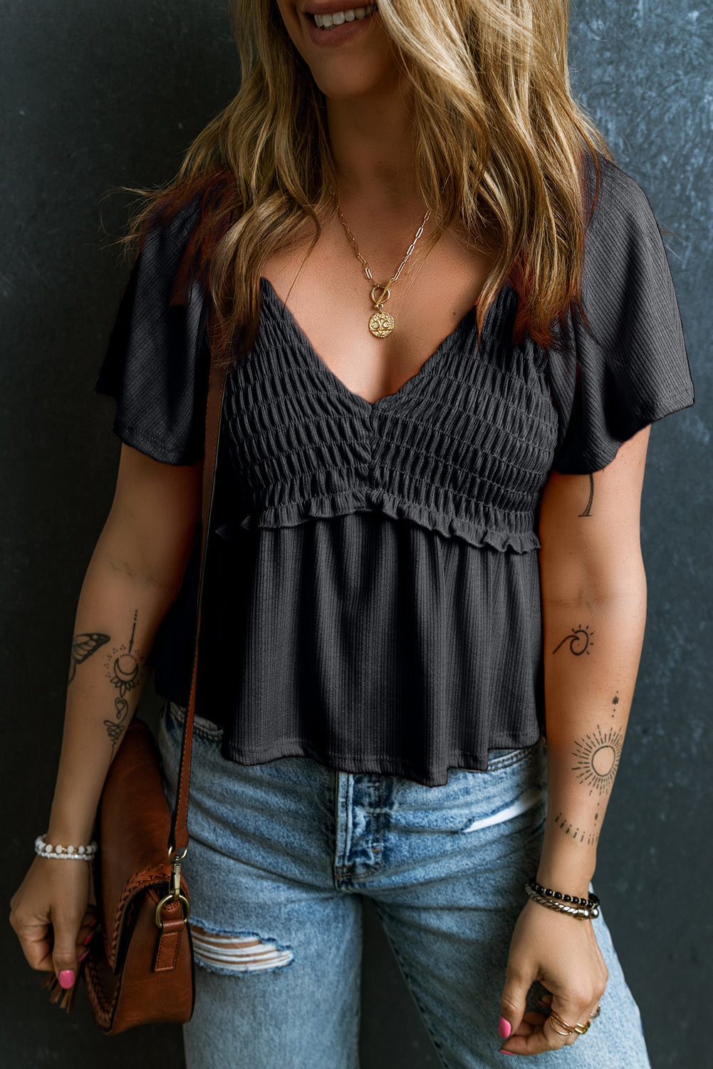 Oatmeal Shirred V Neck Short Flutter Sleeve Textured Blouse eAura