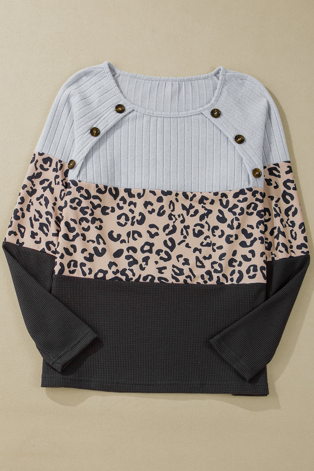 Grey Cheetah Textured Patchwork Buttoned Round Neck T Shirt eAura