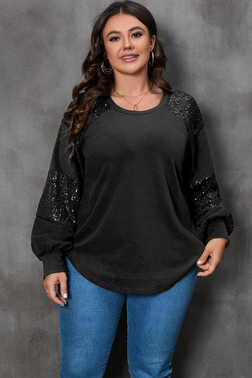 Black Plus Size Sequin Patchwork Crew Neck Long Sleeve Top BB Fashion Outlet