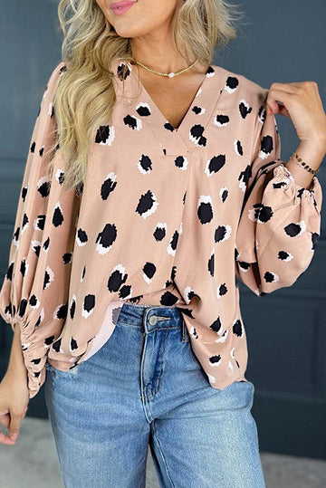 Khaki Classic Leopard V Neck Bracelet Sleeve Blouse Beagle Boutique Fashion Outlet