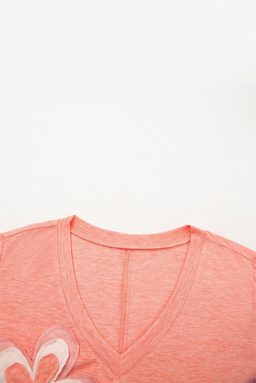 Fresh Salmon Floral Patchwork V-Neck Long Sleeve T Shirt eAura