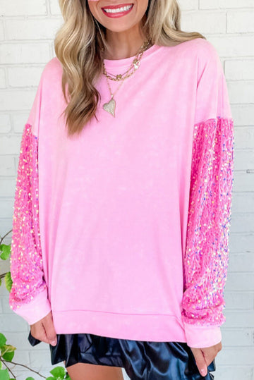 Pink Sequin Patchwork Long Sleeve Pullover Top beagle boutique