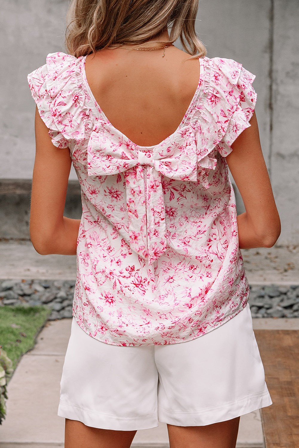 Floral Ruffled Short Sleeve Bow Back Square Neck Blouse eAura