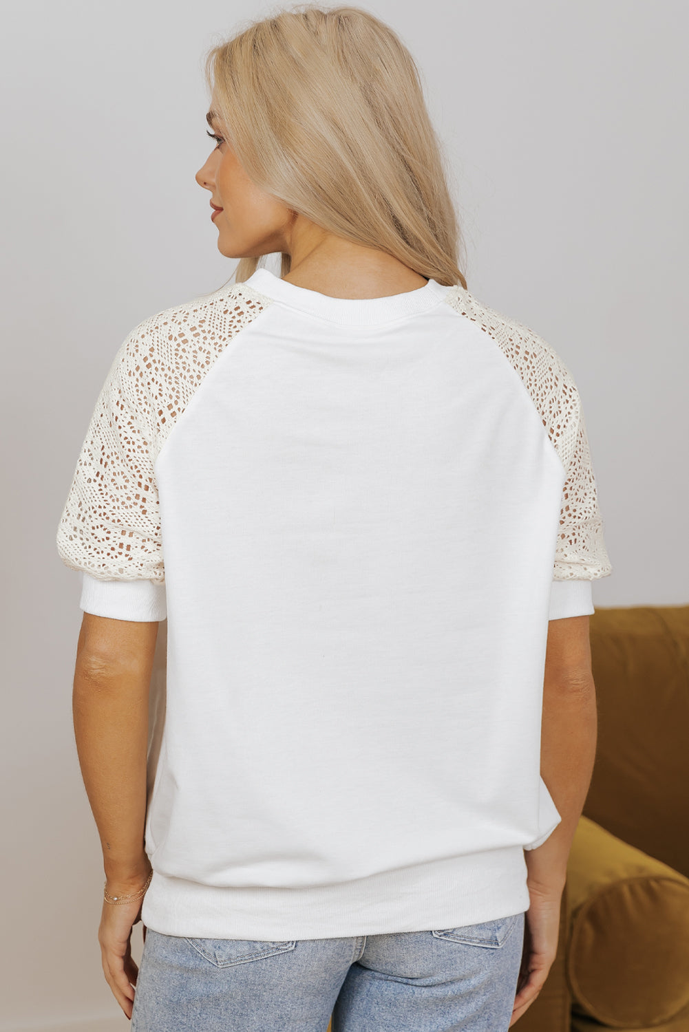 White Lace Crochet Short Sleeve Round Neck T Shirt eAura