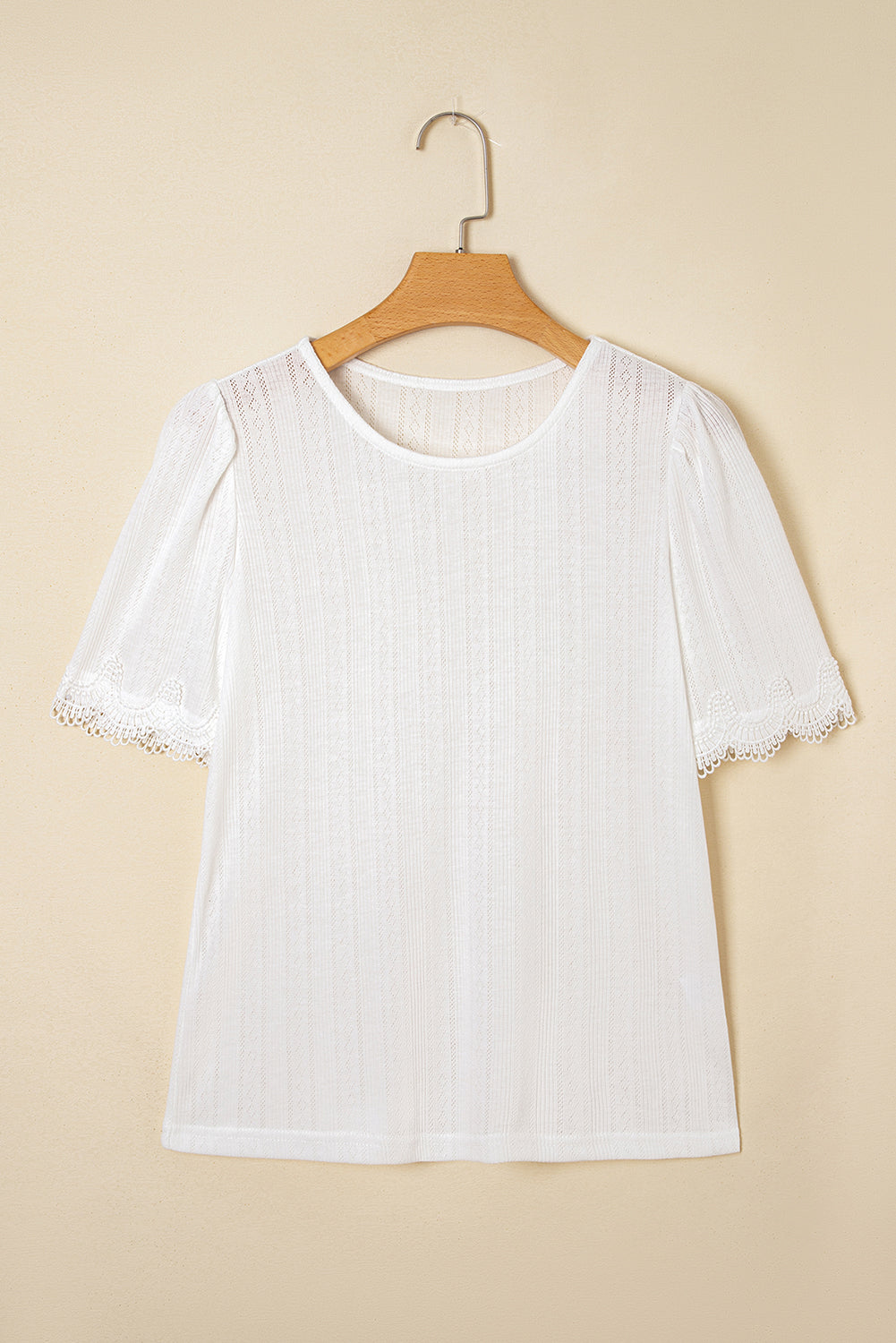 White Scalloped Lace Trim Textured T-Shirt eAura