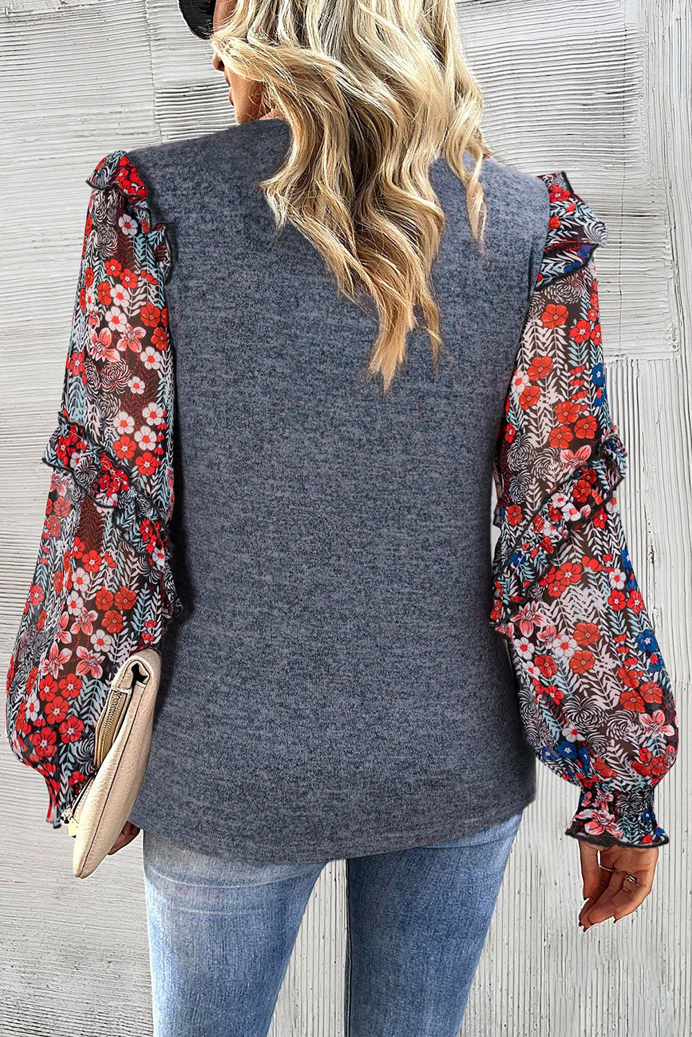 Pale Chestnut Ruffle Tiered Floral Sleeve Crew Neck Blouse eAura
