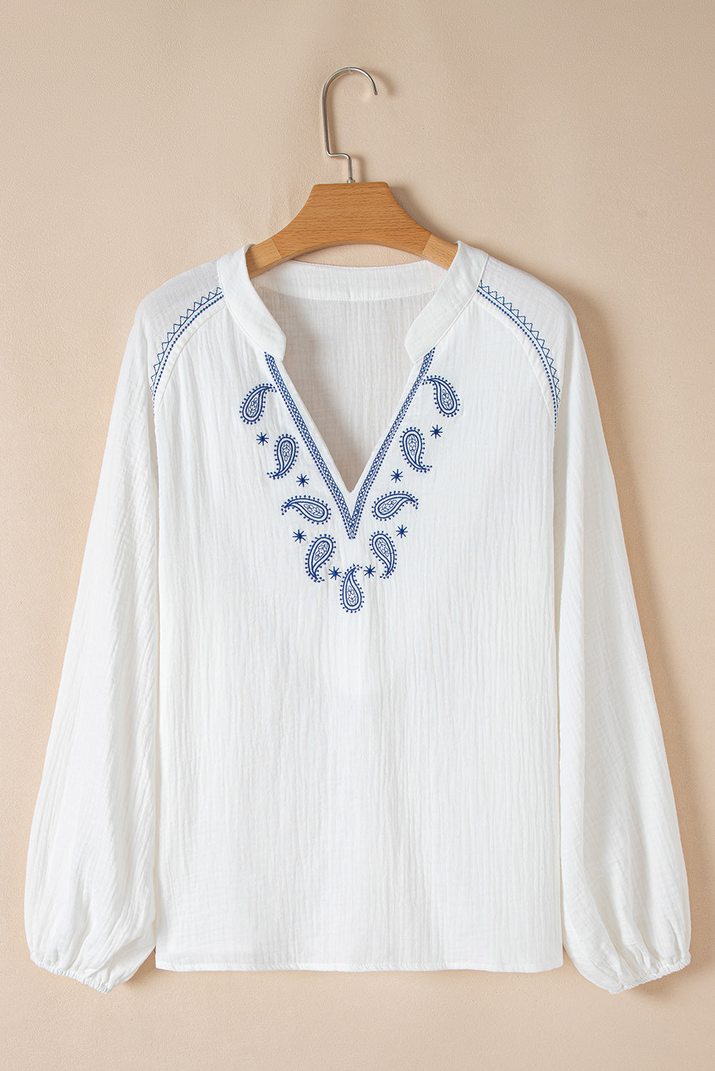 White Paisley Embroidered Textured Split Neck Long Puff Sleeve Blouse eAura
