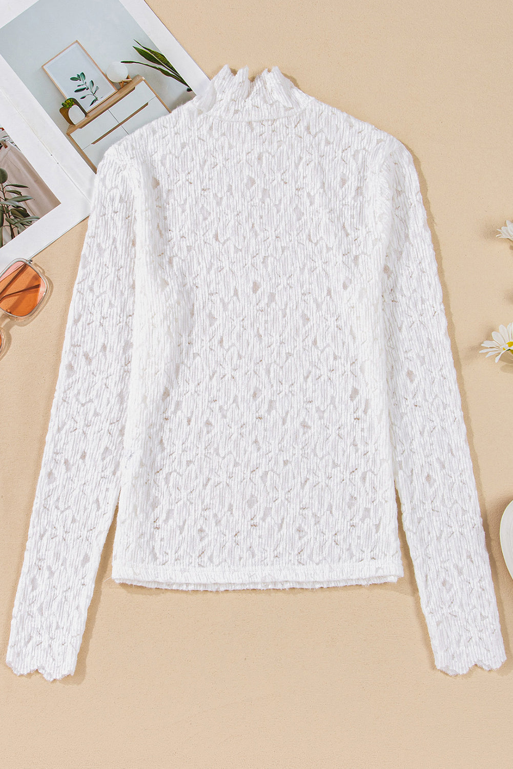 White Flower Lace See Through Mock Neck Long Sleeve Top eAura