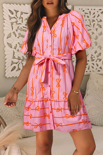 Pink Bowknot Striped Printed Bubble Sleeve Buttoned Belted Mini Dress eAura