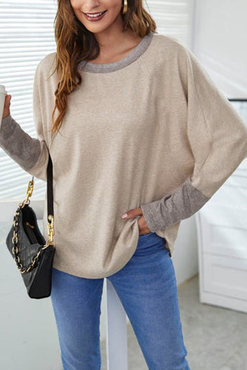 Khaki Contrast Cuffs Batwing Sleeve Loose Top eAura