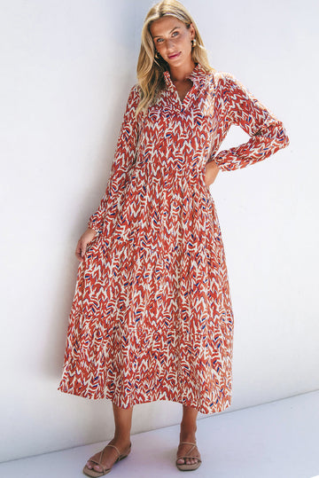 Orange Abstract Print V Neck Pleated High Waist Midi Dress eAura