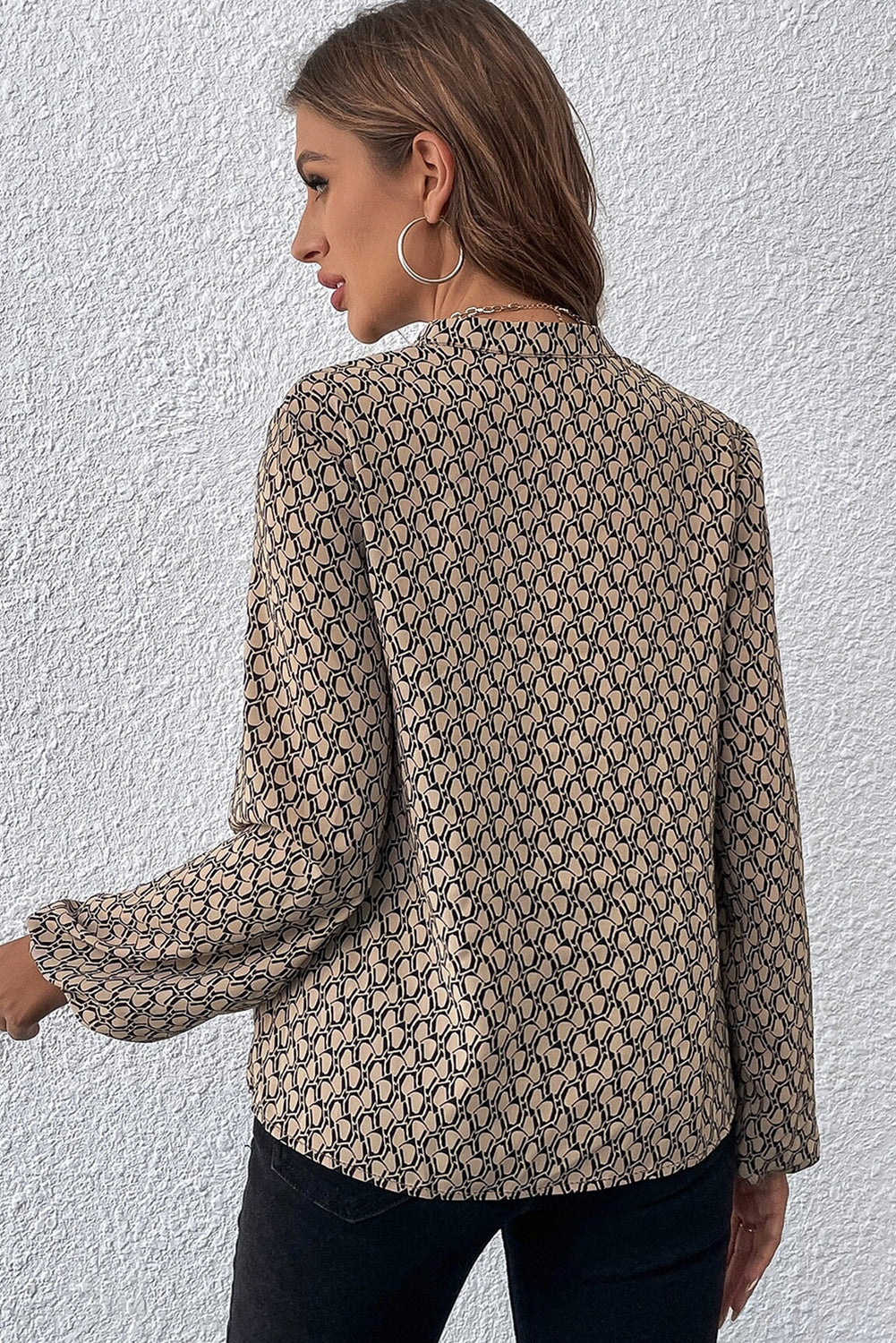 Khaki Geometric Print Notched Neck Puff Sleeve Blouse eAura