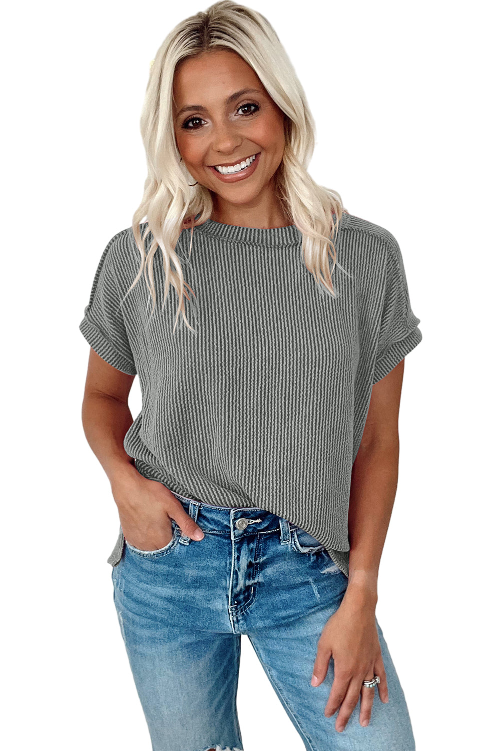Textured Knit Exposed Stitching T-shirt eAura