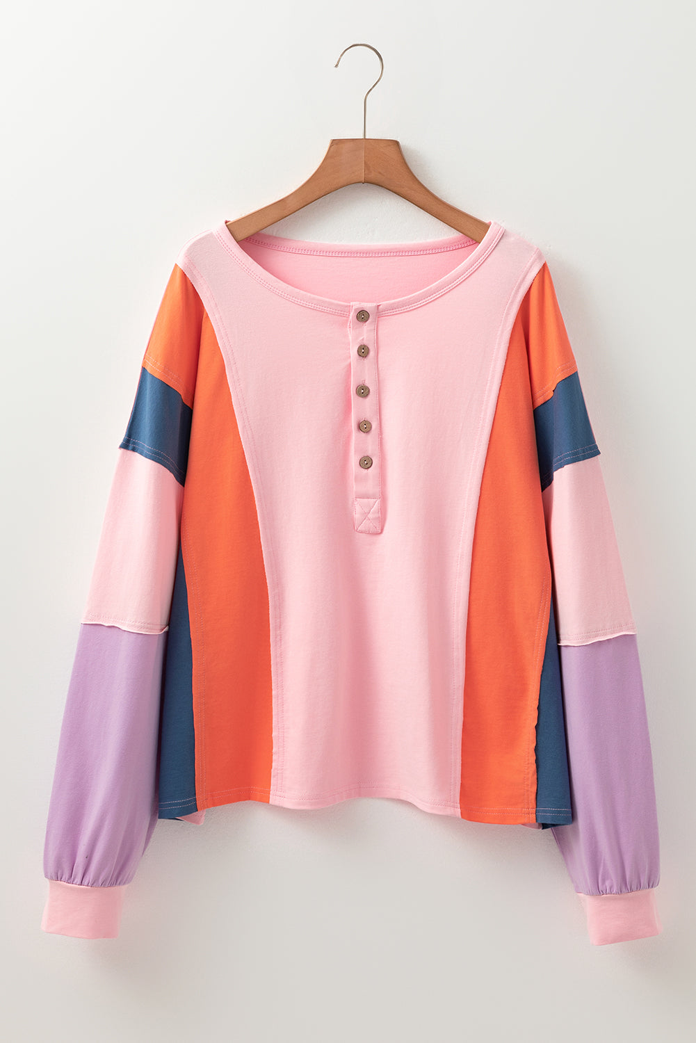 Pink Colourblock Long Sleeve Buttons Henley Top eAura