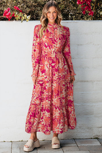 Rose Floral Print Buttoned Smocked High Waist Maxi Dress eAura