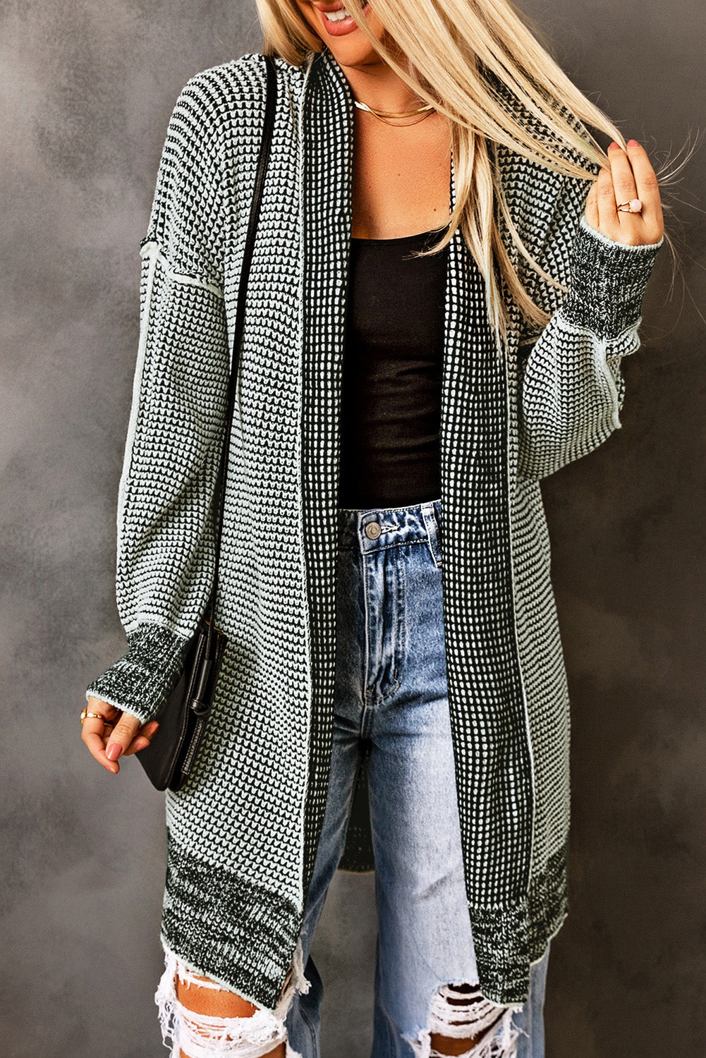 Apricot Plaid Knitted Long Open Front Cardigan eAura